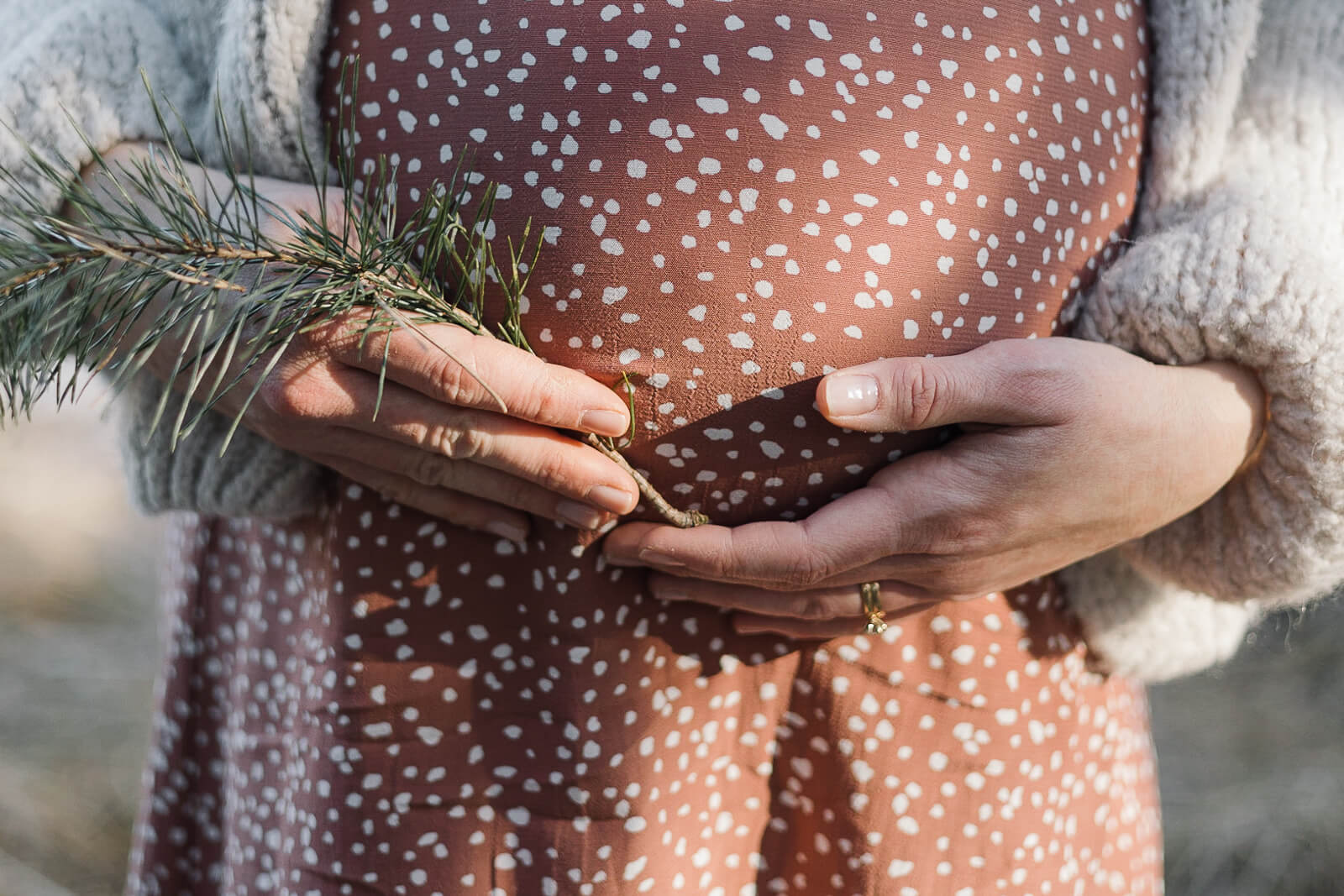 Eine schwangere Frau hält ihre Hände schützend um den Babybauch und hält in der Hand einen Kiefernzweig